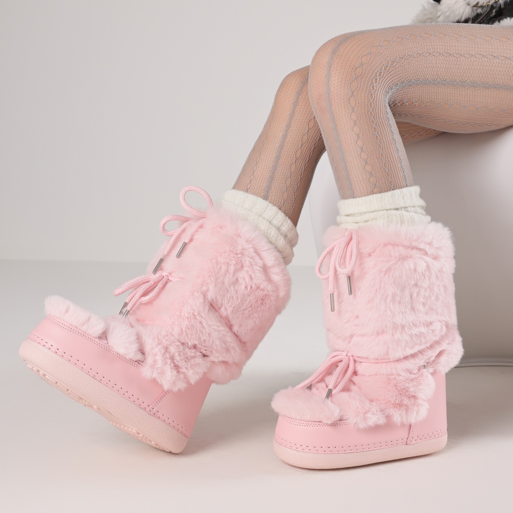 Espadrille Slip On - รองเท้าบูทขนเฟอร์สำหรับผู้หญิง หัวกลม สวมใส่ง่าย รองเท้าบูทกันหนาวสำหรับฤดูหนาว บูทขนเฟอร์เทียมนุ่มสบาย แฟชั่น