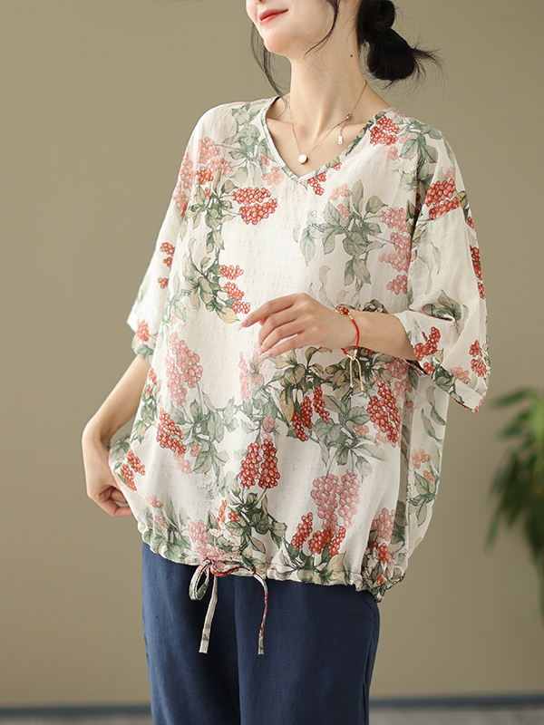 Short Linen Drawstring - เสื้อยืดผ้าฝ้ายลินินพิมพ์ลายทรงหลวมสำหรับฤดูร้อน ไซส์ใหญ่ คอวี แขนสั้น พร้อมเชือกรูดด้านล่าง สไตล์ลำลองสำหรับผู้หญิง