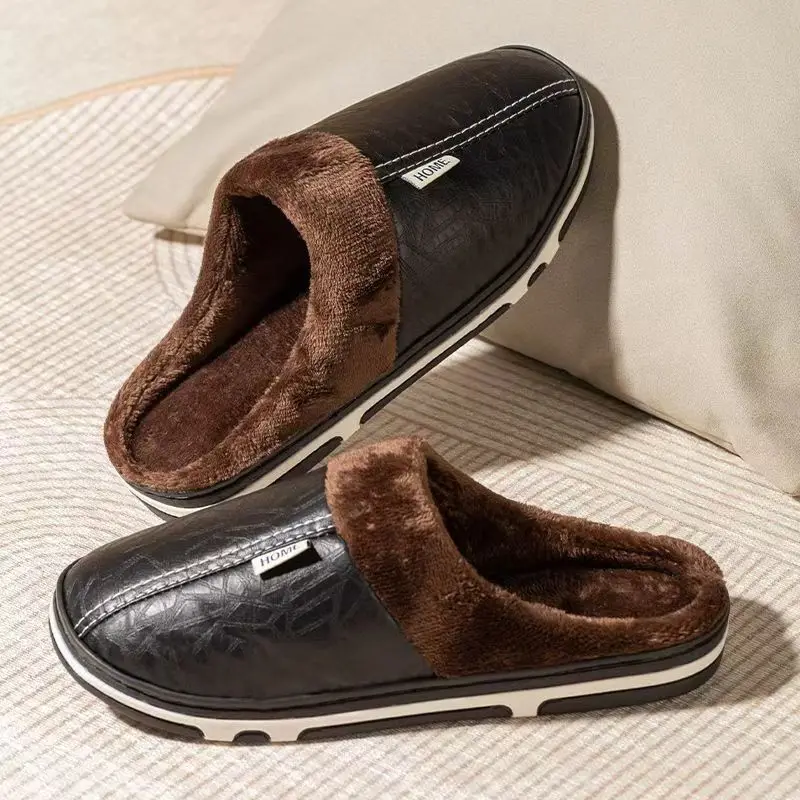Flip Flop Leather Men - รองเท้าแตะผู้ชายไซส์ใหญ่สำหรับฤดูหนาว รองเท้าใส่ในบ้าน หนัง PU กันน้ำ นุ่มสบาย