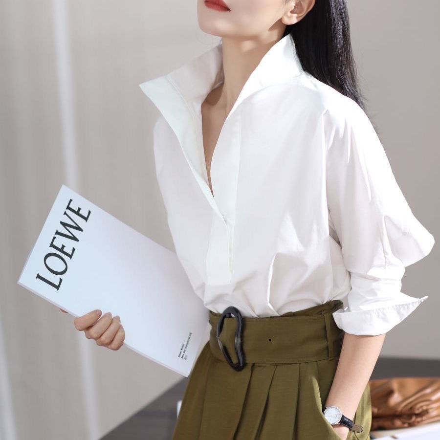 Shirt Camp Collar - ต้นฤดูใบไม้ร่วงปี 2023 เสื้อเชิ้ตแขนกุดคอตั้งทรงหลวมสำหรับผู้หญิงสไตล์เกาหลีแฟชั่นเสื้อสีขาวติดกระดุม