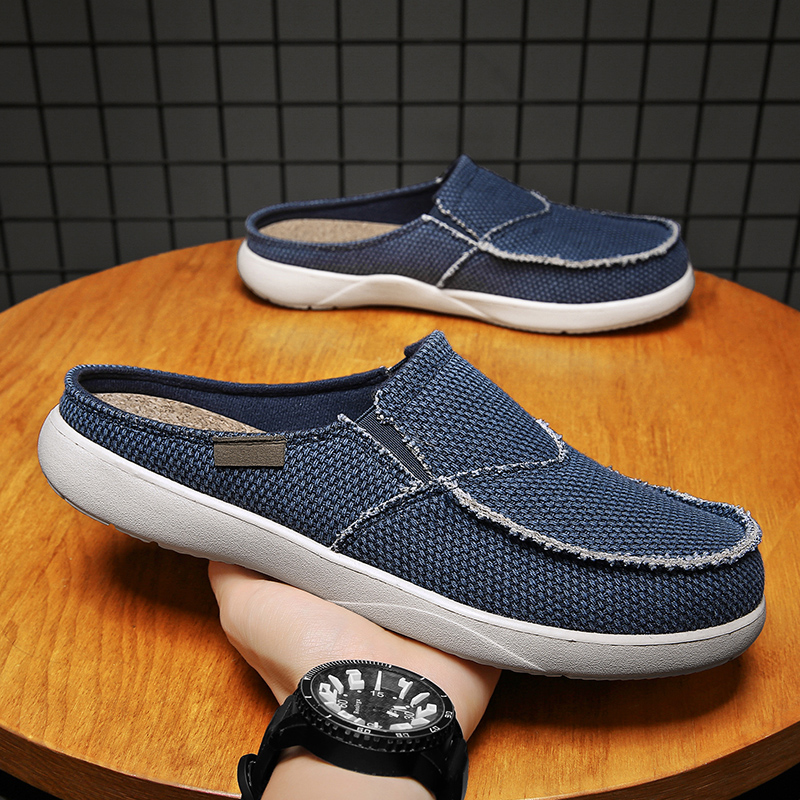 Espadrille Slip On - รองเท้าผ้าใบแบบสวมครึ่งเท้าสำหรับผู้ชาย รองเท้าแตะลำลอง สวมใส่ในบ้าน ฤดูร้อน ระบายอากาศได้ดี น้ำหนักเบา
