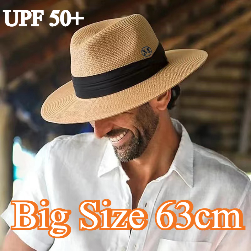 Bucket Hat Straw - หมวกปานามาทรงแจ๊สขนาดใหญ่ XL 63 ซม. สำหรับเดินทาง หมวกกันแดดฤดูร้อนสำหรับผู้หญิงผู้ชาย